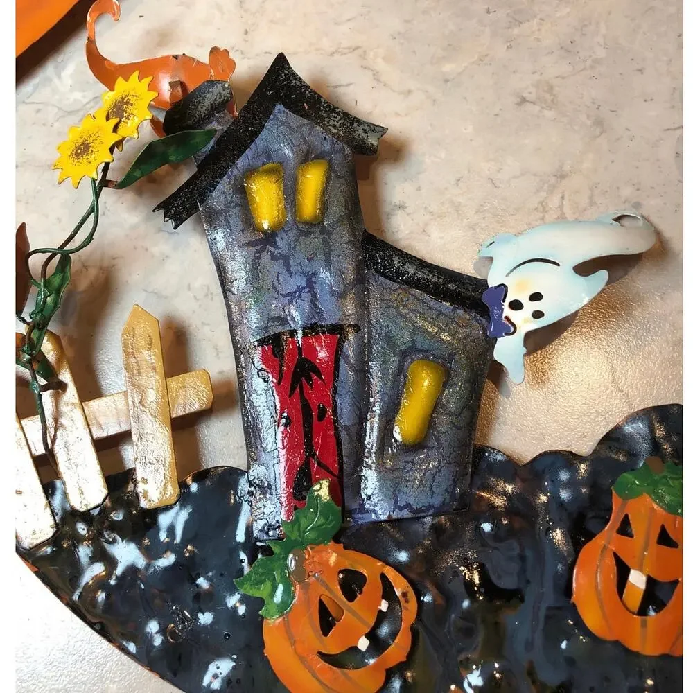 Halloween Wreath Door Hanger Metal Ghosts Pumpkins Hand Painted 11x11”